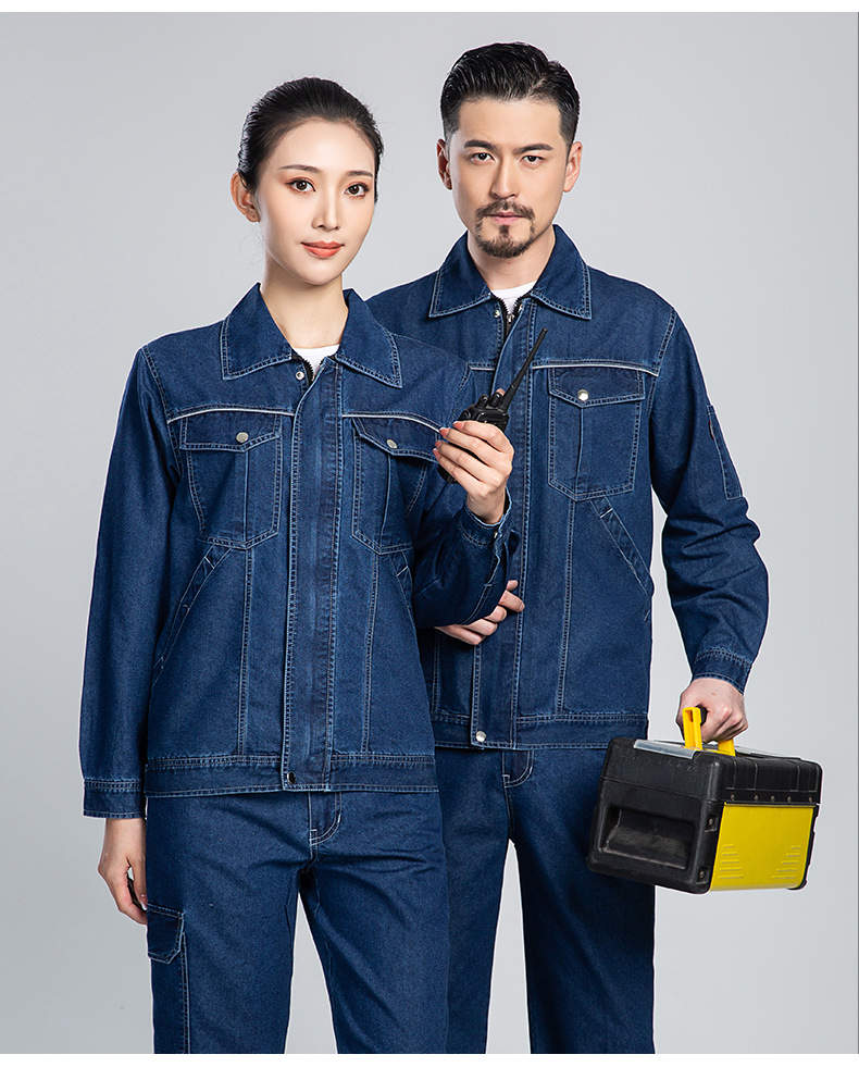 NZ024A 夏季薄款长袖反光绳拉链牛仔工作服定制套装男电焊工机修劳保服(图14)