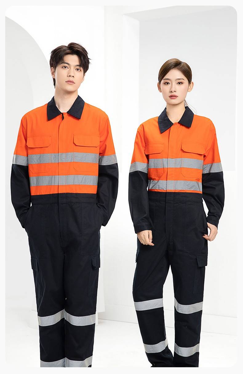 WQ2119LT 纯棉春秋连体劳保工作服荧光黄桔煤矿井下印字反光条工地衬衣(图13)