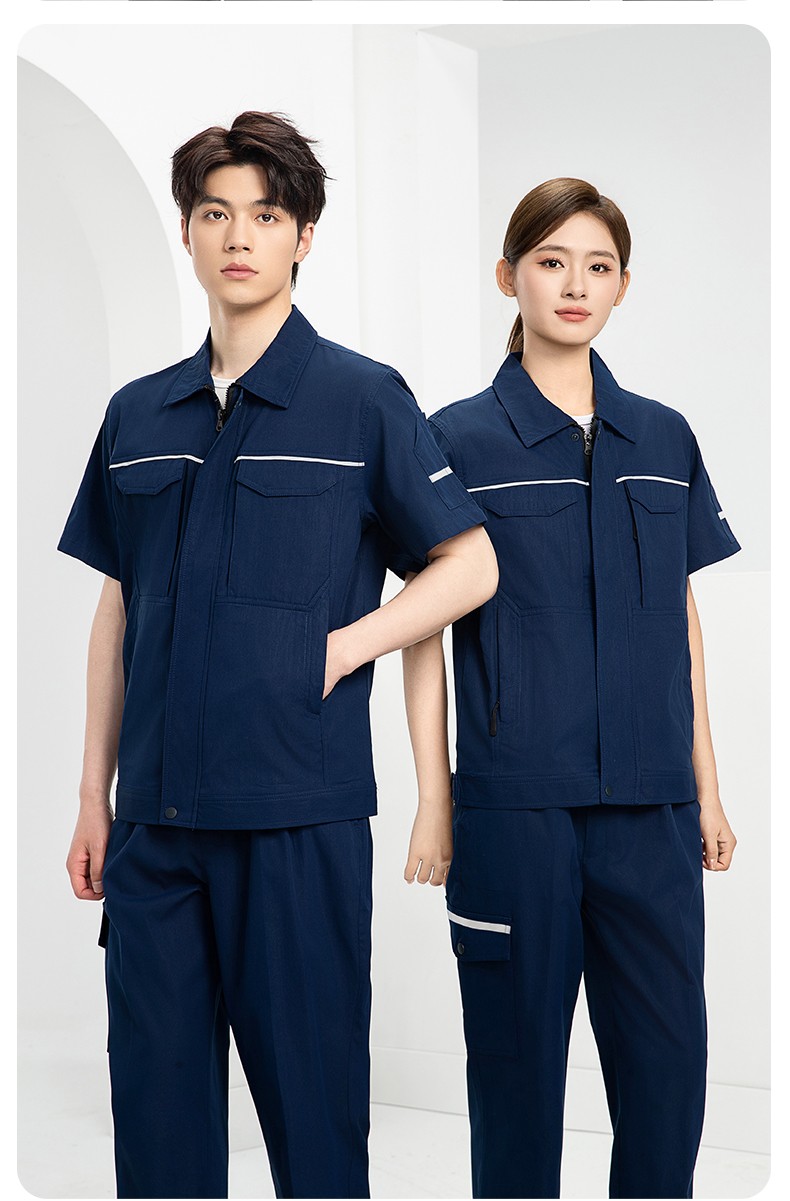 DM242D 夏季短袖工作服薄款反光条纯色外套印字工厂厂服汽修工地劳保服(图13)