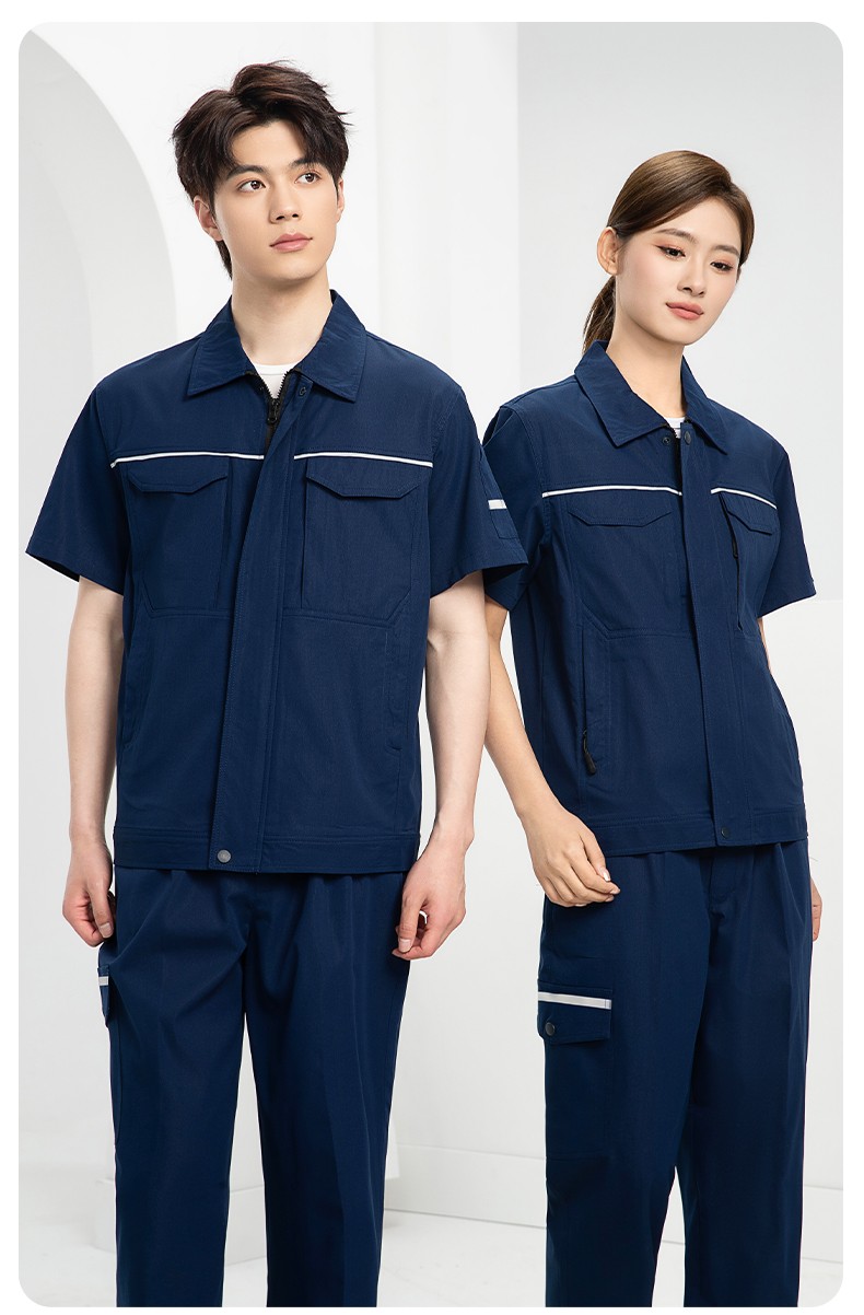 DM242D 夏季短袖工作服薄款反光条纯色外套印字工厂厂服汽修工地劳保服(图14)