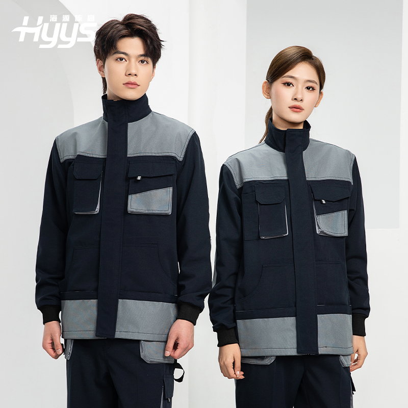 WF288 春秋工作服男多兜加固耐磨劳保服印字套装车间厂服拉链款立领工装