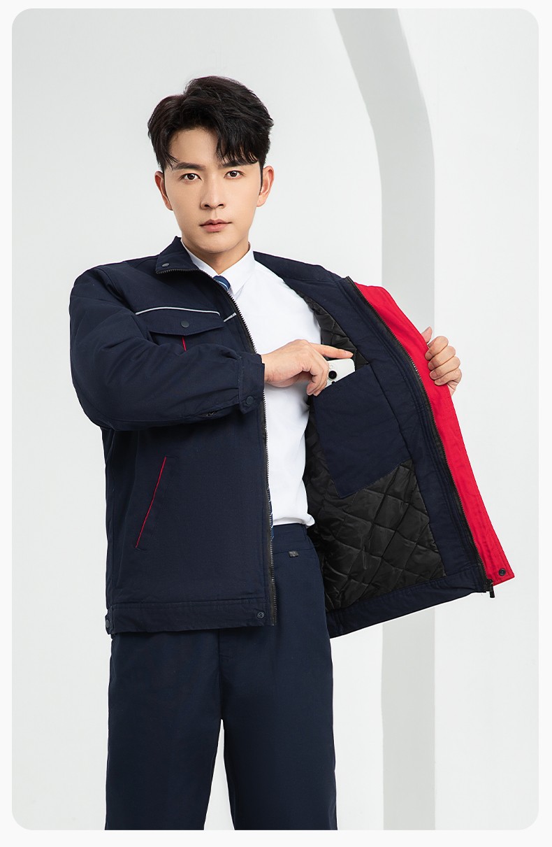 LJ-5802 冬季拼色工作服棉衣男反光条保暖加厚一体式工厂夹克劳保服定制(图15)