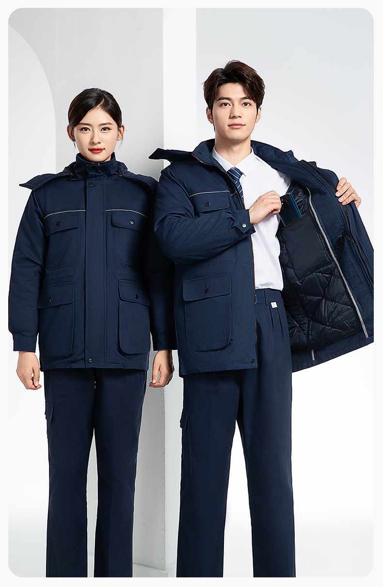 FJD8899 冬季纯棉防静电工作服棉衣定制加厚棉服加油站防寒棉袄大衣劳保服(图15)