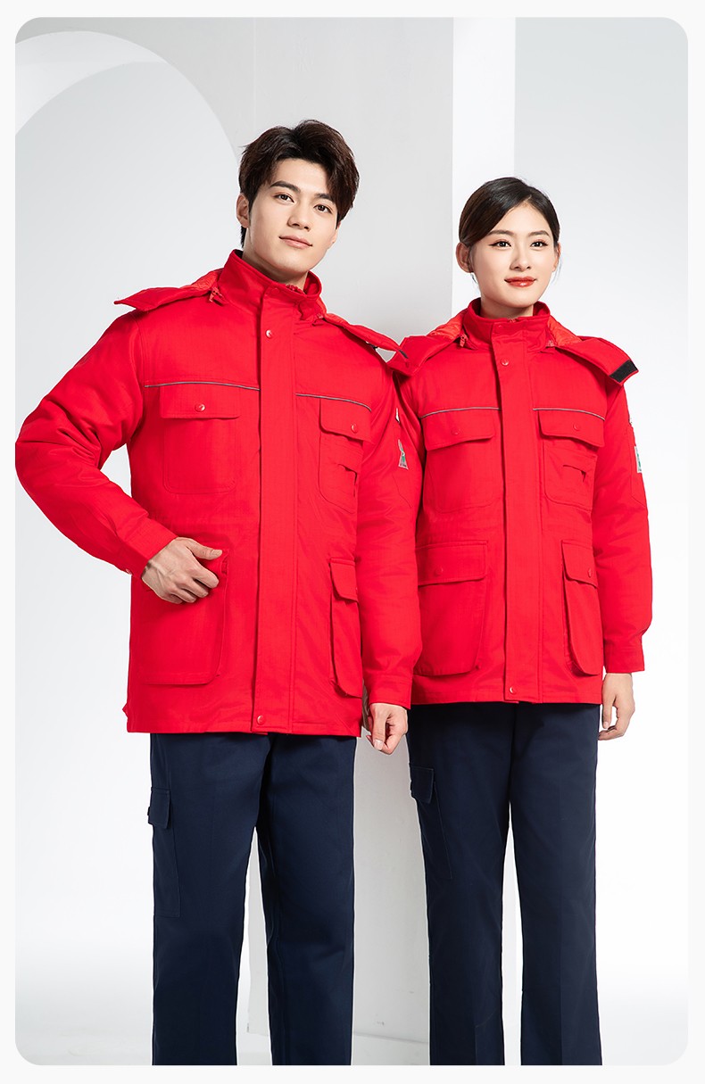 FJD8899 冬季纯棉防静电工作服棉衣定制加厚棉服加油站防寒棉袄大衣劳保服(图18)