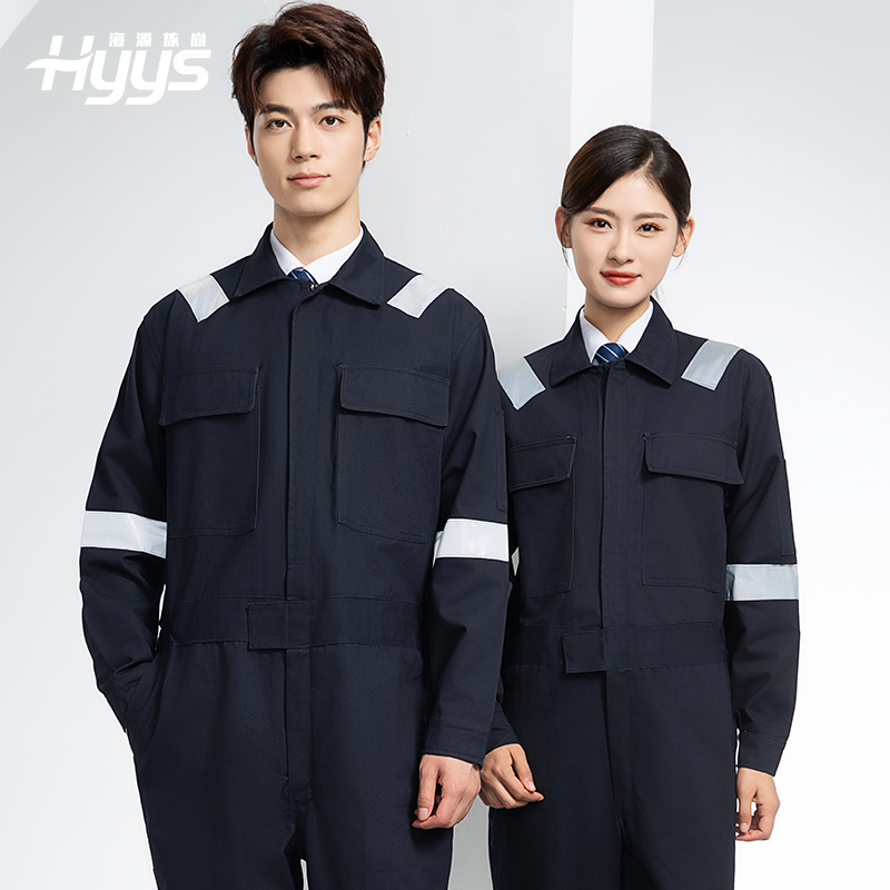 QM8669 纯棉连体工作服定制男反光耐磨耐脏机修电焊工船厂海港定制劳保服
