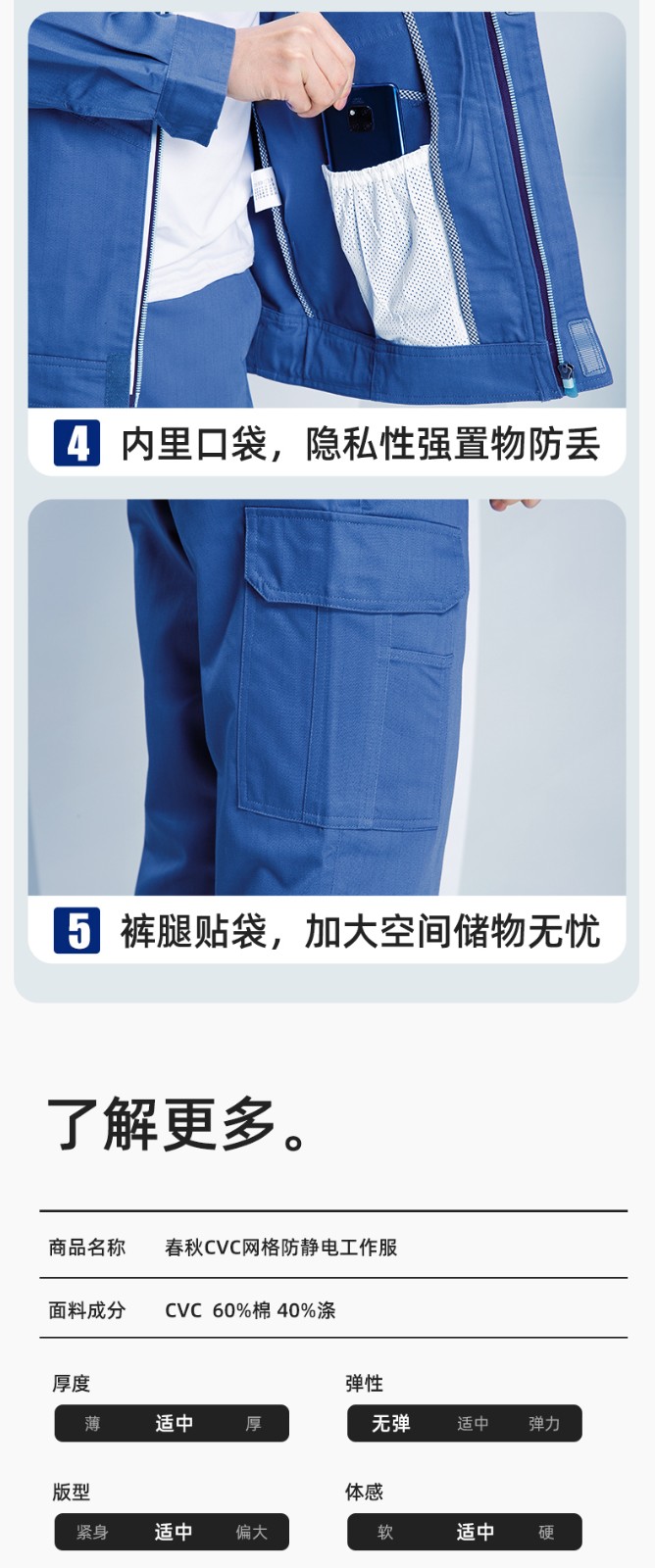 JC-SY61X 防静电春秋长袖工作服套装CVC耐磨纯色工装机修车间工厂服定制(图9)