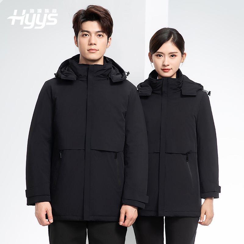 RH-6017 冬季羽绒冲锋衣中长款工作服男纯色加绒加厚保暖公司商务工装定制