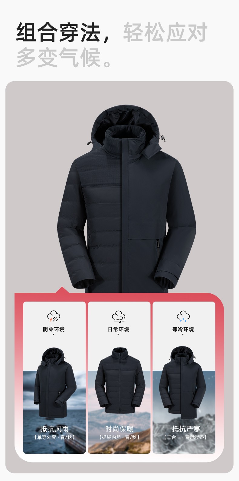 RH-6017 冬季羽绒冲锋衣中长款工作服男纯色加绒加厚保暖公司商务工装定制(图8)