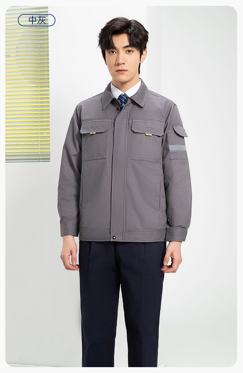 YJ-5601 春秋长袖工作服套装印字logo男工厂车间反光条耐磨加厚工装劳保服(图16)