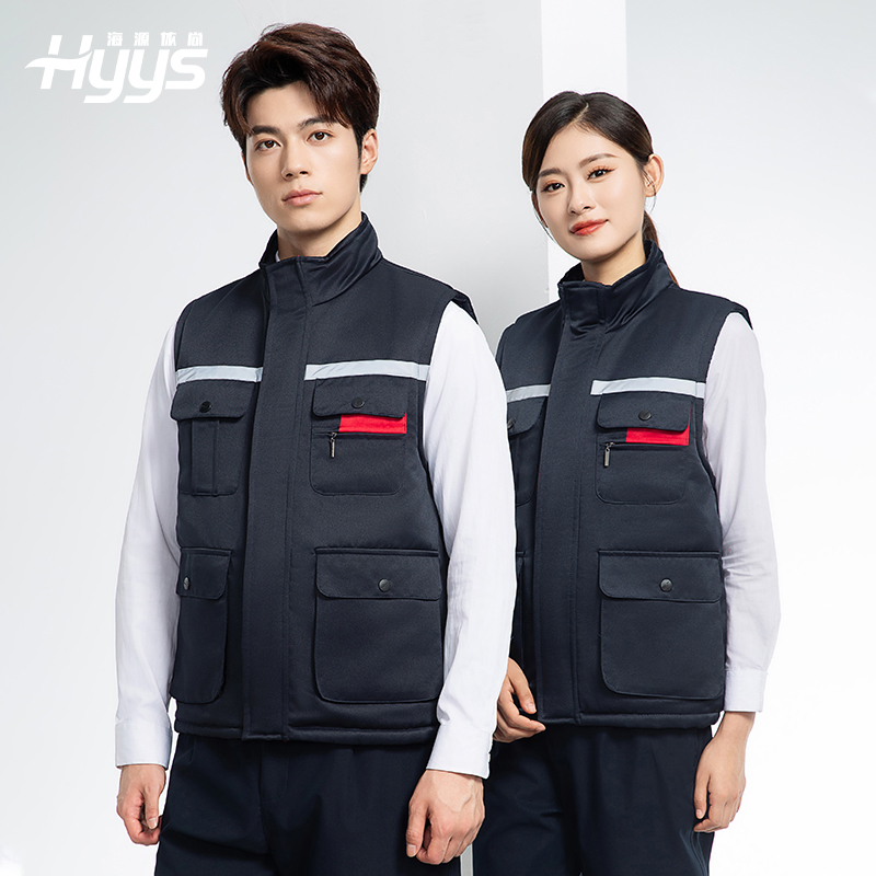 YJ-9901 冬季棉马甲工装立领纯色反光条工作服多口袋拉链船厂加油站定制