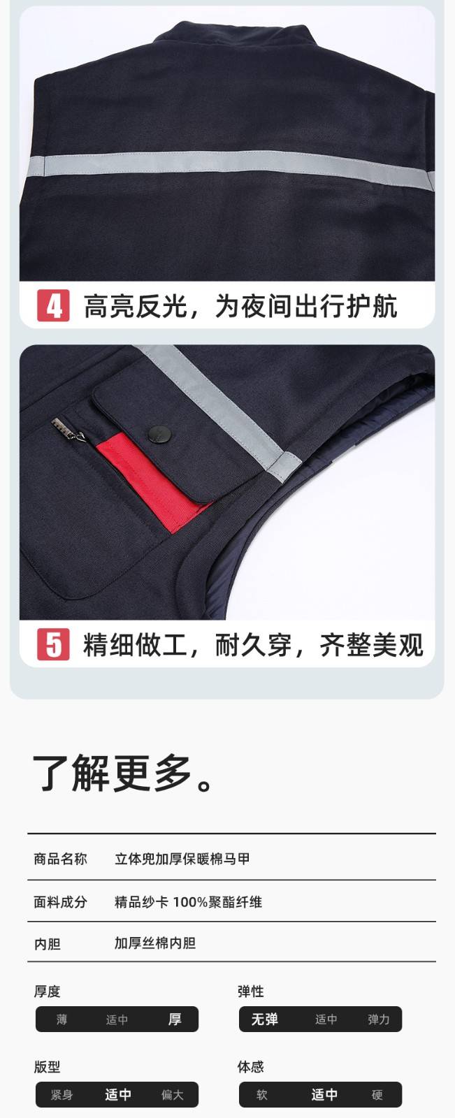 YJ-9901 冬季棉马甲工装立领纯色反光条工作服多口袋拉链船厂加油站定制(图11)