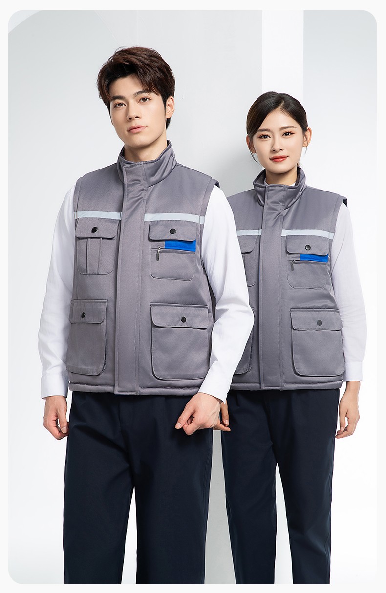 YJ-9901 冬季棉马甲工装立领纯色反光条工作服多口袋拉链船厂加油站定制(图14)