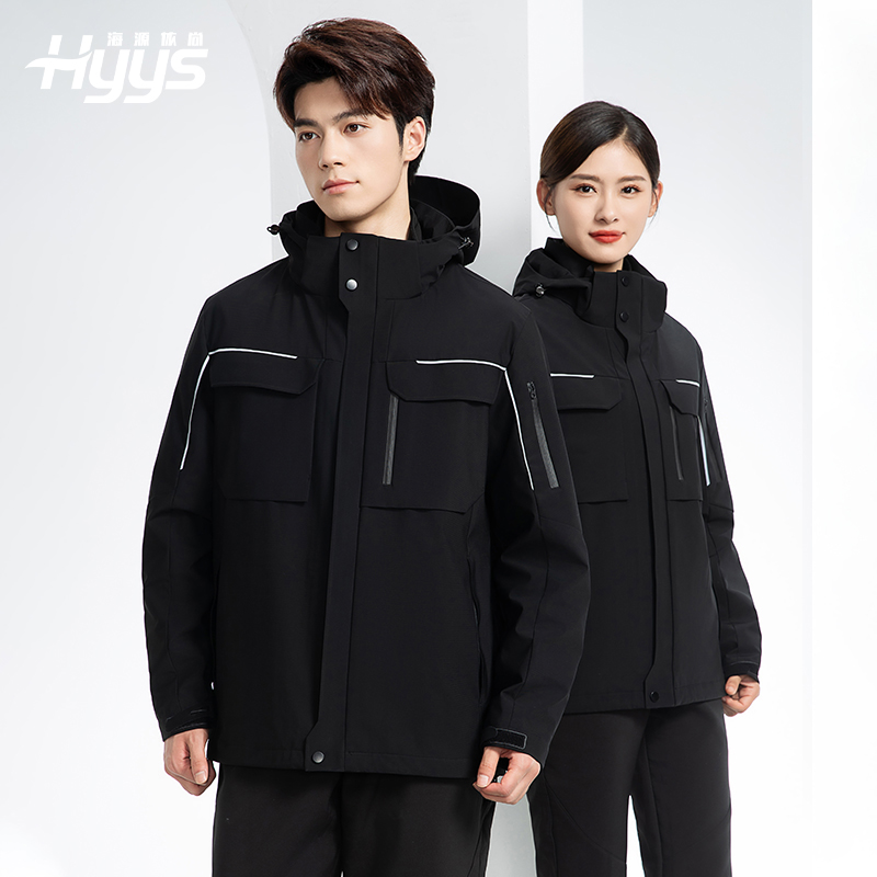 YJ-SK6016 冬季三合一冲锋衣工作服连帽防风防水加绒加厚印logo工装外套定制