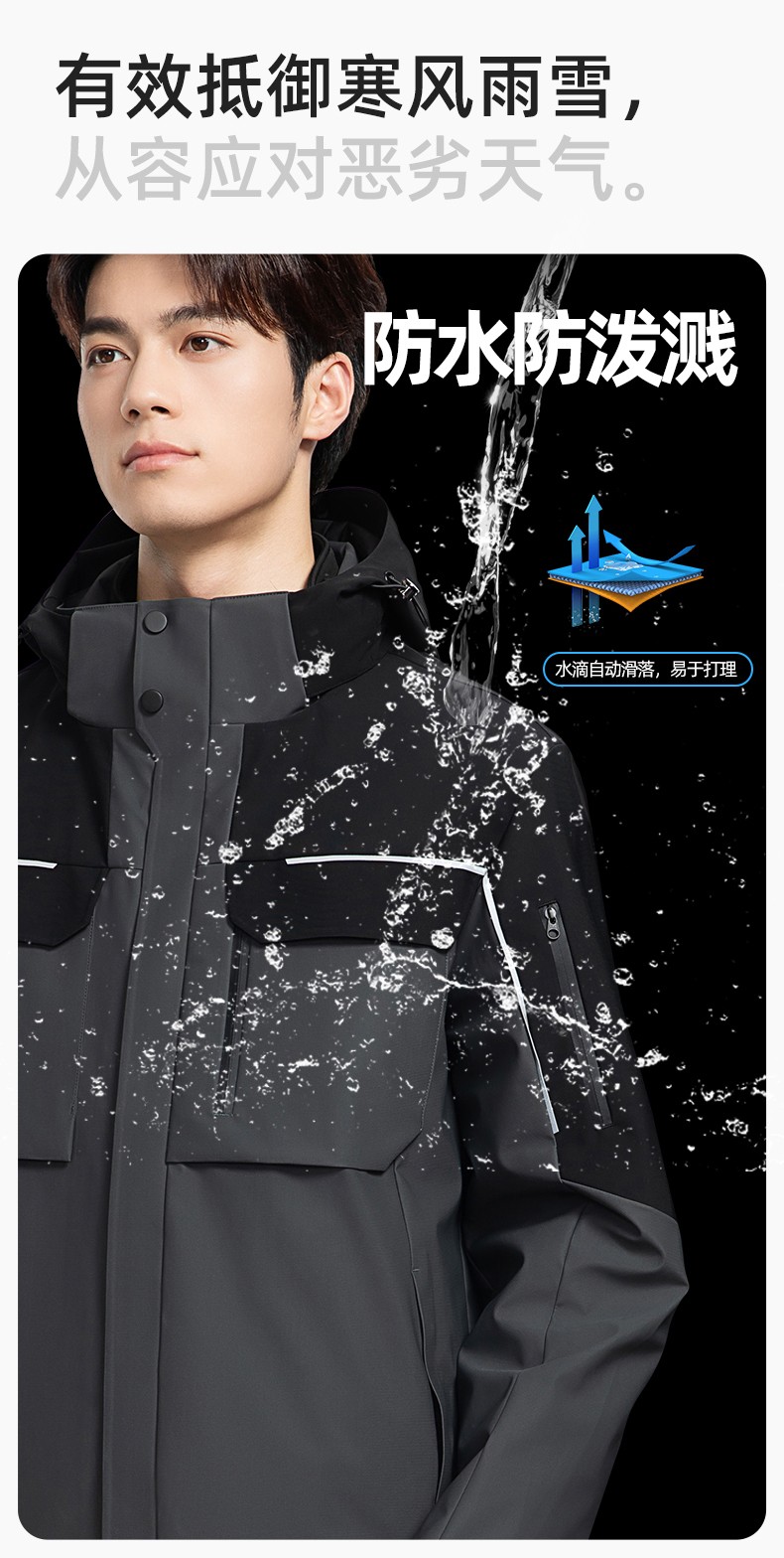 YJ-SK6016 冬季三合一冲锋衣工作服连帽防风防水加绒加厚印logo工装外套定制(图5)
