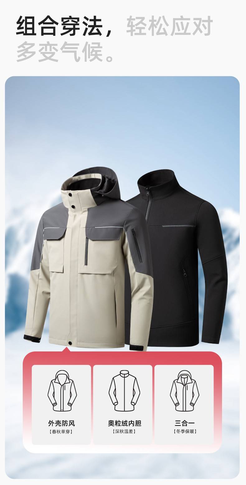 YJ-SK6016 冬季三合一冲锋衣工作服连帽防风防水加绒加厚印logo工装外套定制(图8)