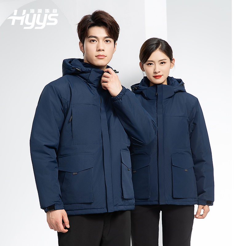 YJ-1916 冬季一体式纯色冲锋衣印LOGO男女兜盖加厚保暖外套企业团体服外套