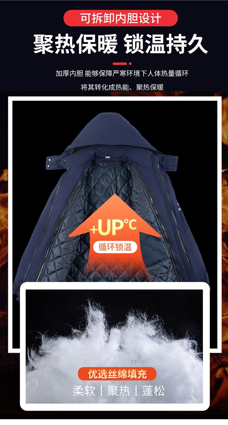 LW-8826ZY 冬季羽绒工作服定制加厚保暖中长防寒冷库物业车间印绣字可拆卸棉服(图8)